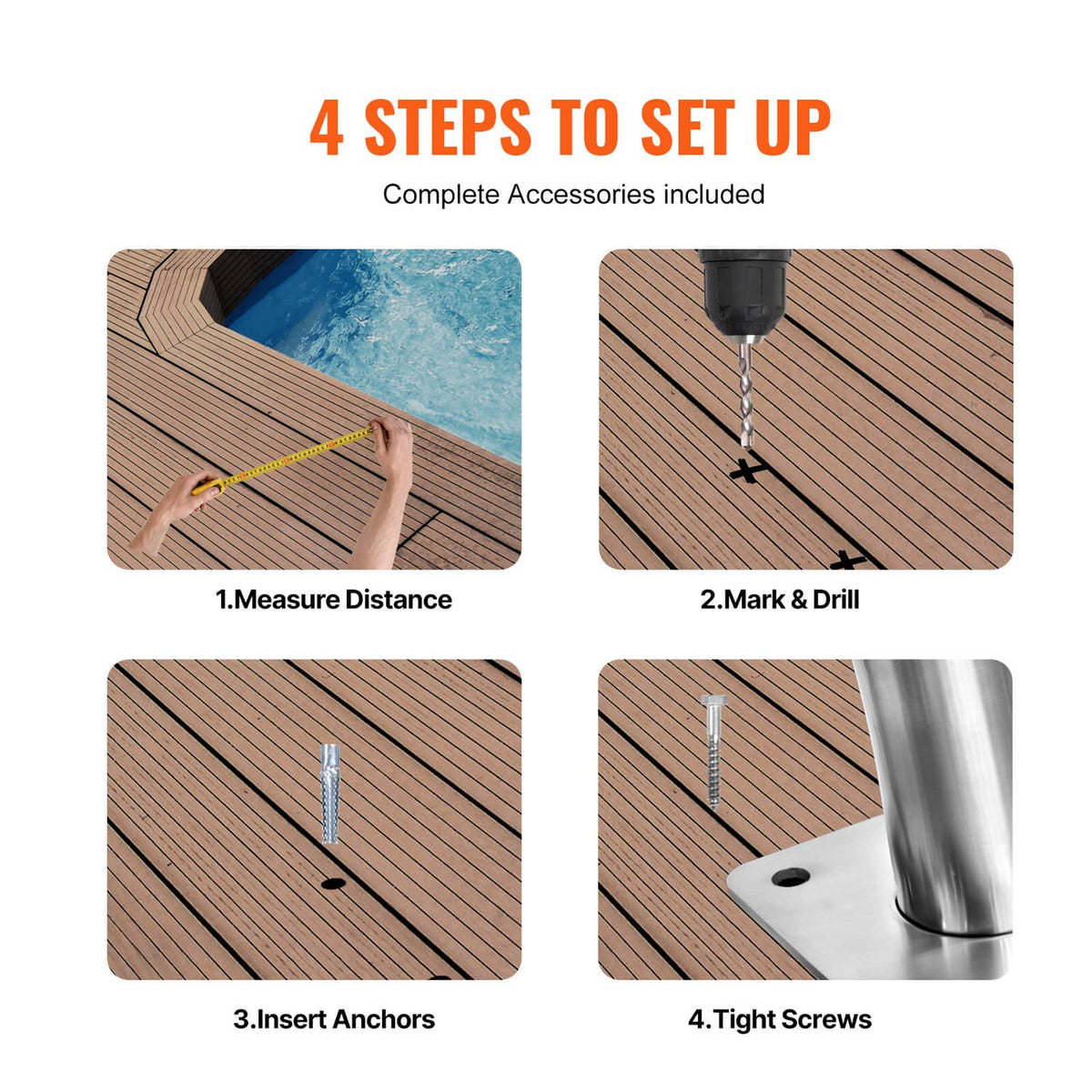Pool handrail mounting hardware kit with screws, anchors, and base plate