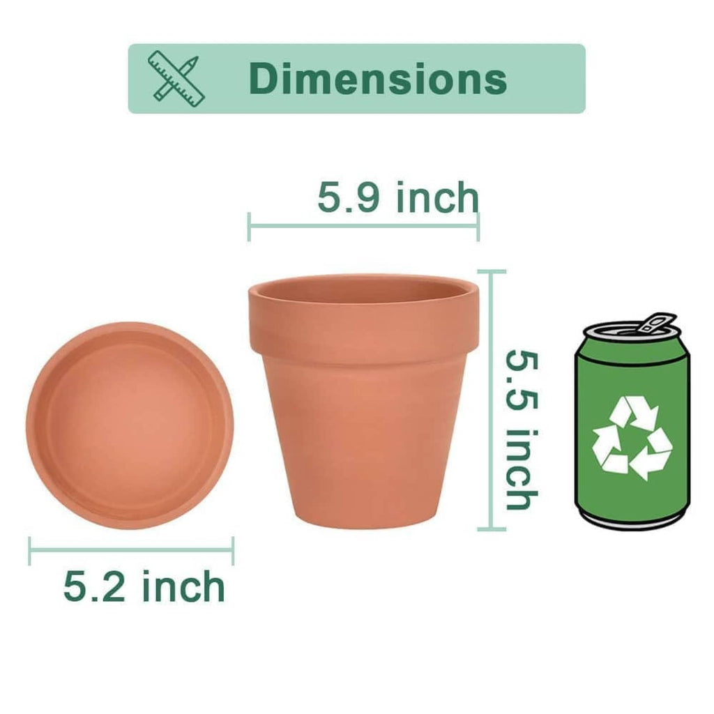 Terracotta plant pot with matching saucer, side and top views