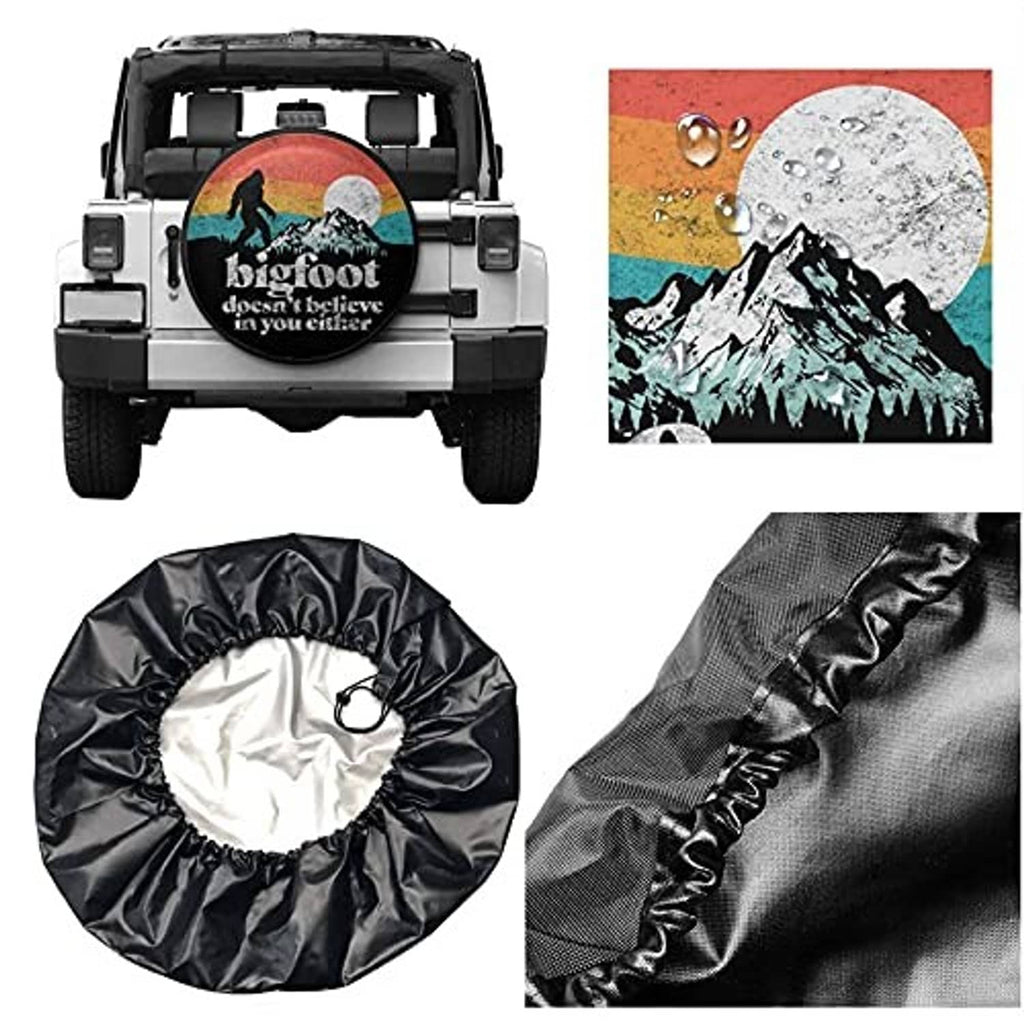 Black RV spare tire cover with Bigfoot graphic, plus fabric texture detail views