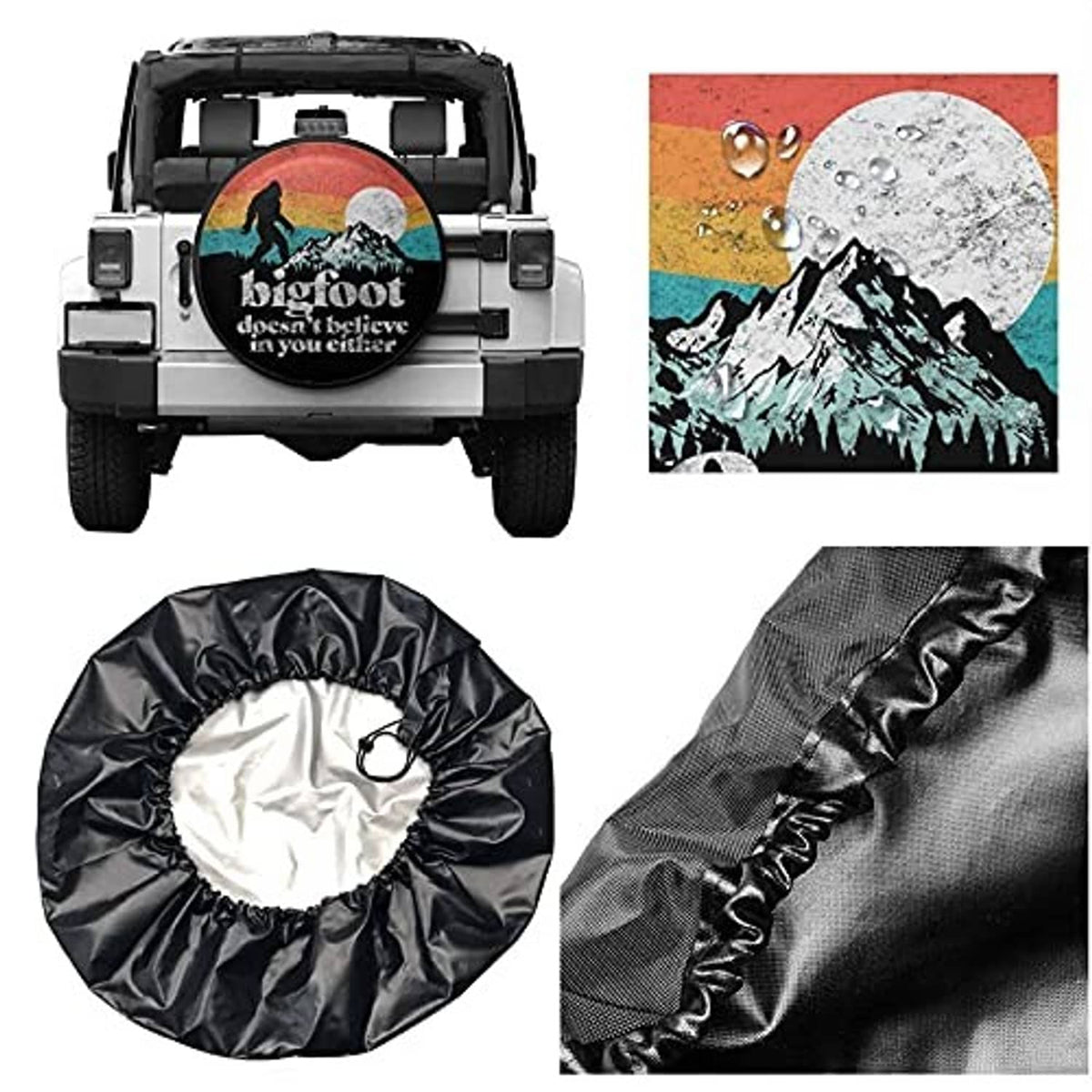 Black RV spare tire cover with Bigfoot graphic, plus fabric texture detail views