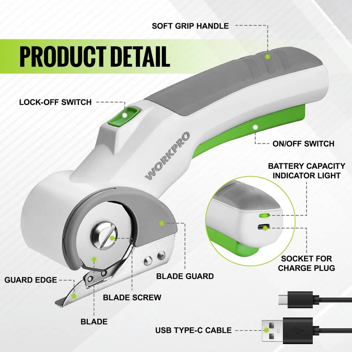 Cordless electric scissors, white body with green grip and on/off switch.
