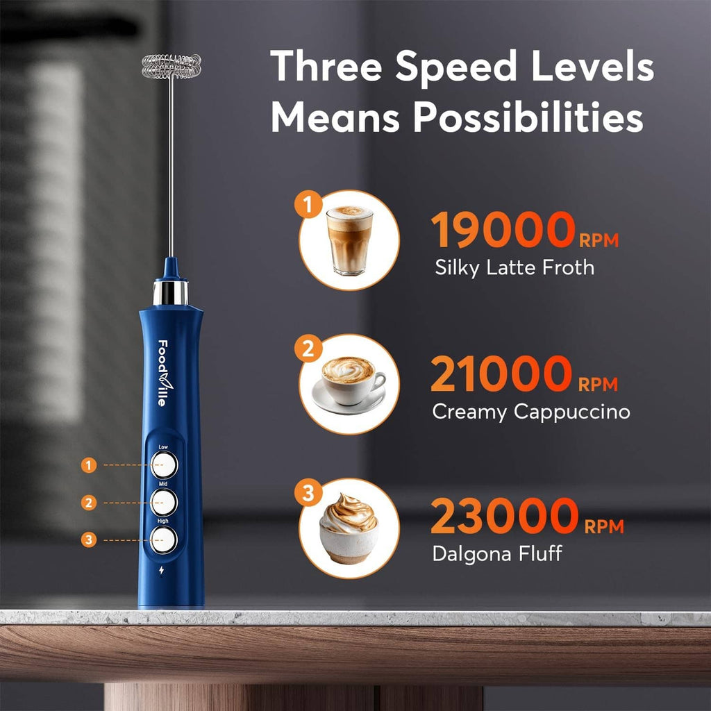Blue milk frother with three-button speed control and whisk shaft.
