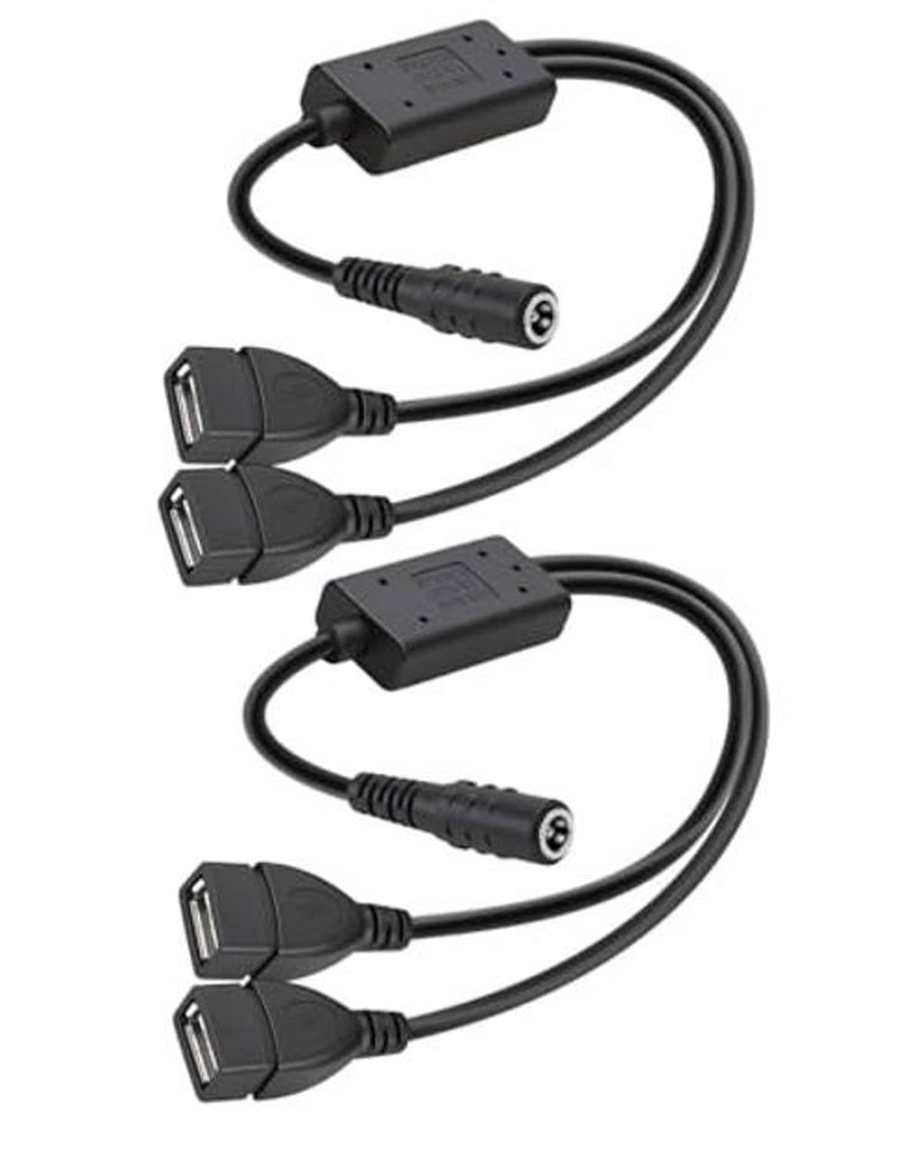 Dual USB splitter cable with 5.5x2.1mm barrel plug and DC power adapter leads