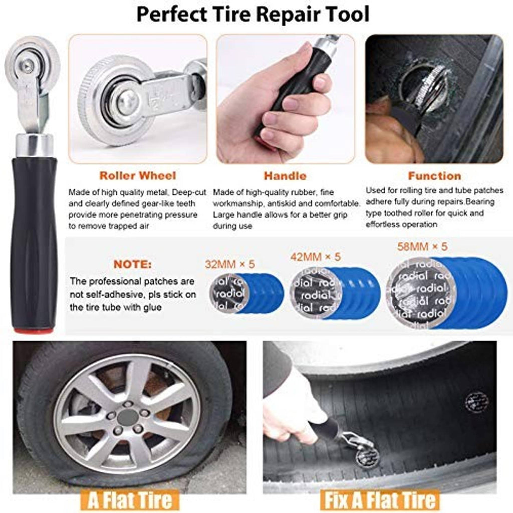 Tire patch roller wheel tool with black handle and blue patch roller parts