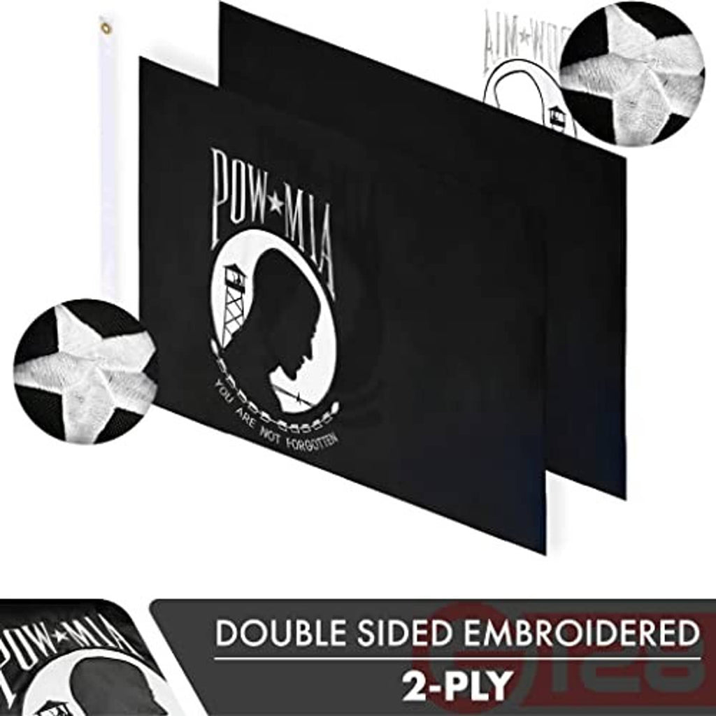 POW-MIA double-sided flag shown hanging with metal grommet at top corner