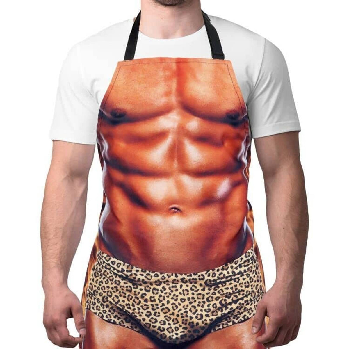 Muscular-print barbecue apron with black straps and leopard-pattern waist panel, one size