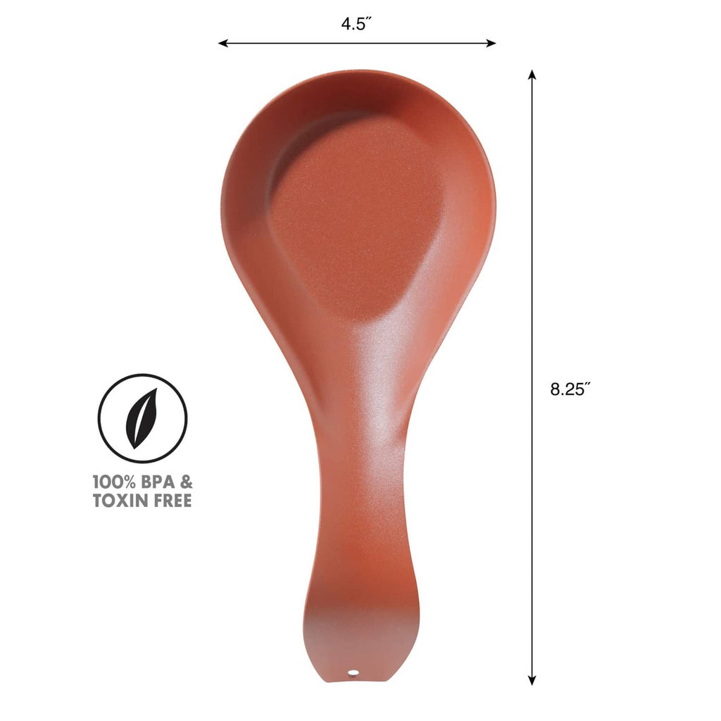 Brick-red stainless steel spoon rest, 8.25 in tall, teardrop bowl design