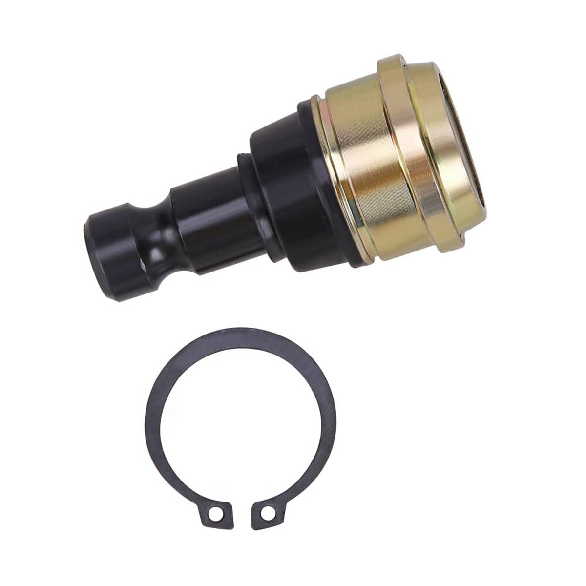 Ball joint component with black boot, gold sleeve, and circular snap-ring seal