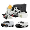 Door latch lock actuator with black housing, metal latch plates, white actuator arm