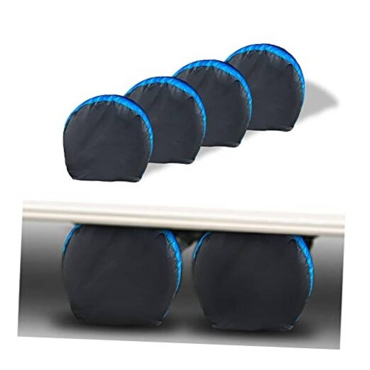 4-pack blue and black waterproof tire covers with elastic fit, shown stacked front view