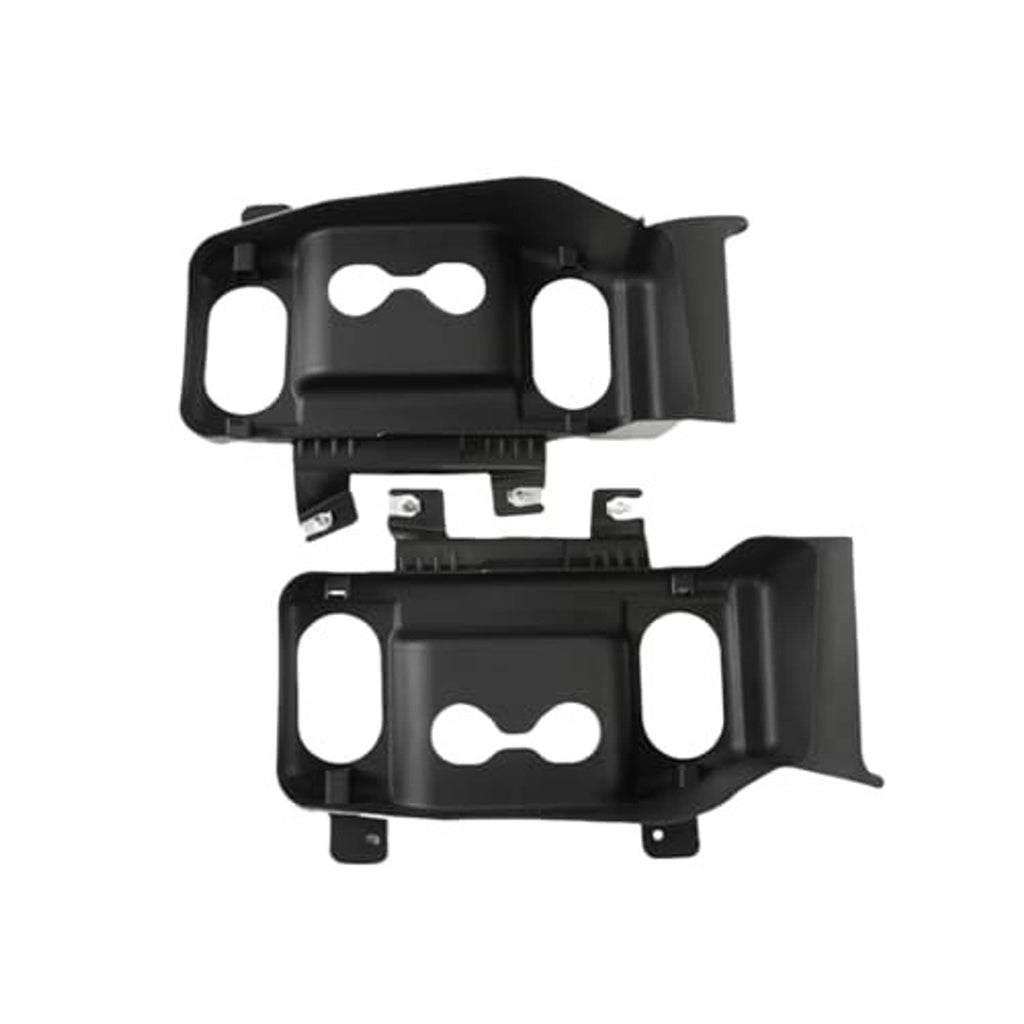 Front bumper air intake duct bracket pair, black plastic, oval cutouts and tabs