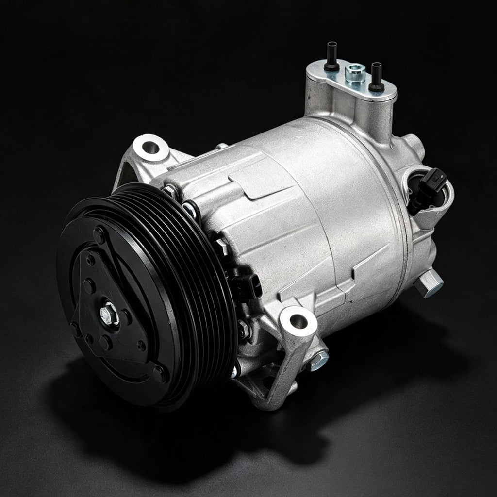 A/C compressor with clutch, angled view of silver body and black pulley
