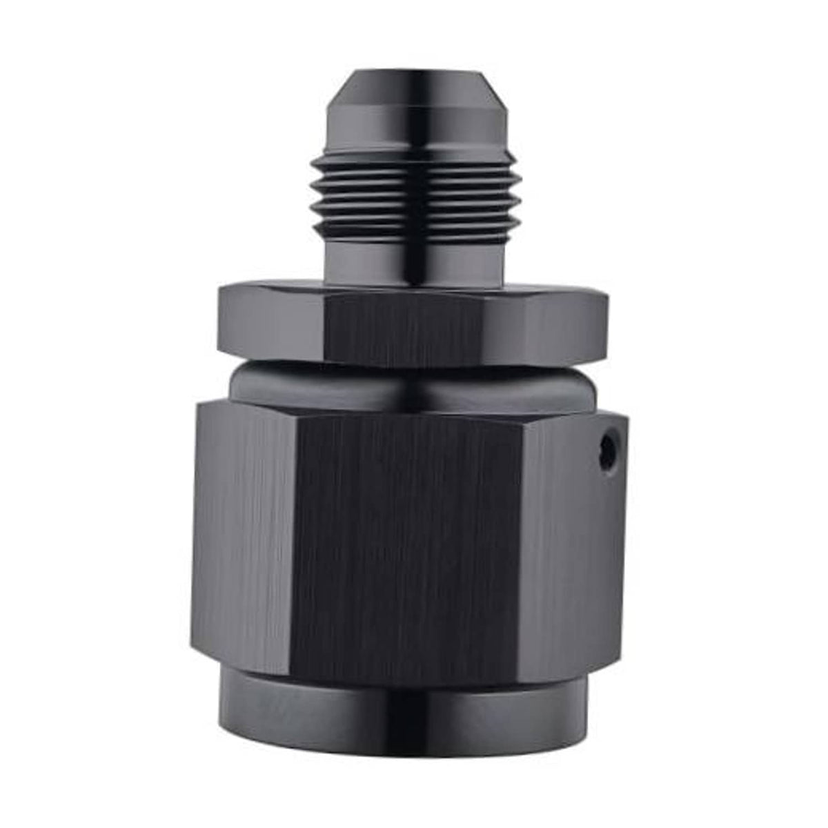 Black anodized aluminum swivel flare adapter fitting with external thread ports