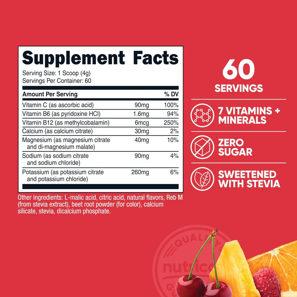 Electrolyte complex powder bottle Supplement Facts panel and 60 servings