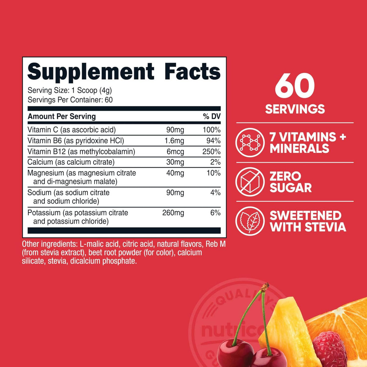 Electrolyte complex powder bottle Supplement Facts panel and 60 servings