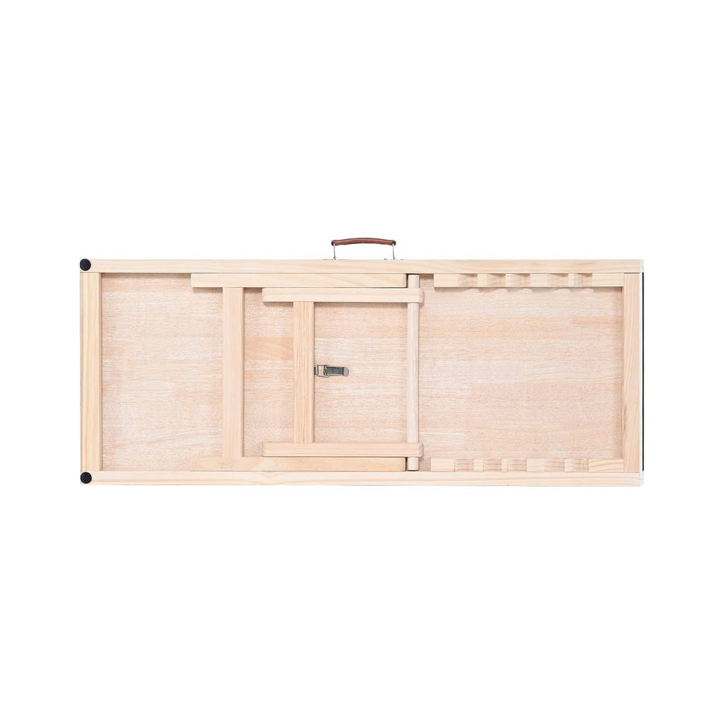 Folded pet ramp with light wood panels and metal hinge, compact storage