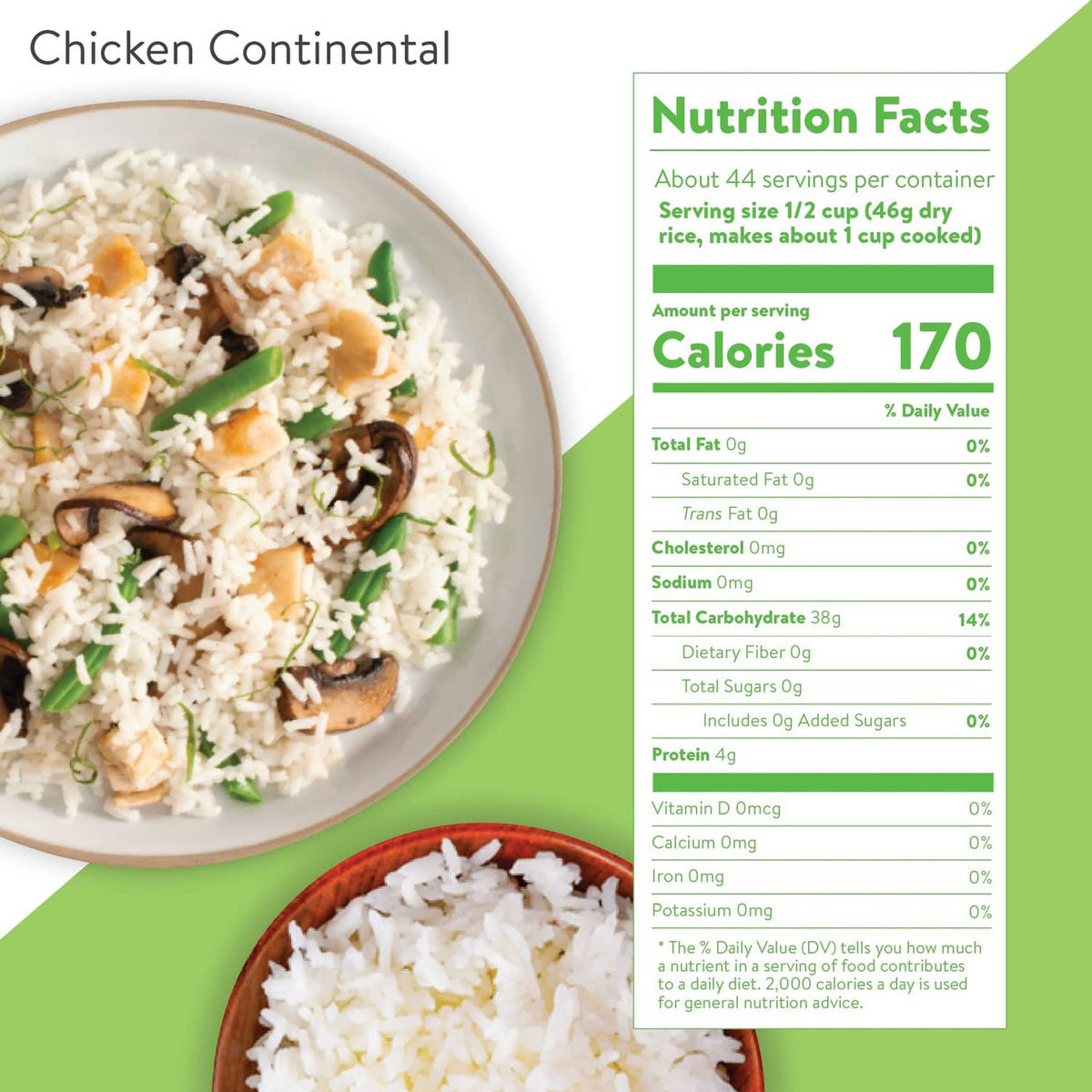 Instant white rice package with nutrition facts card and bowls of cooked rice