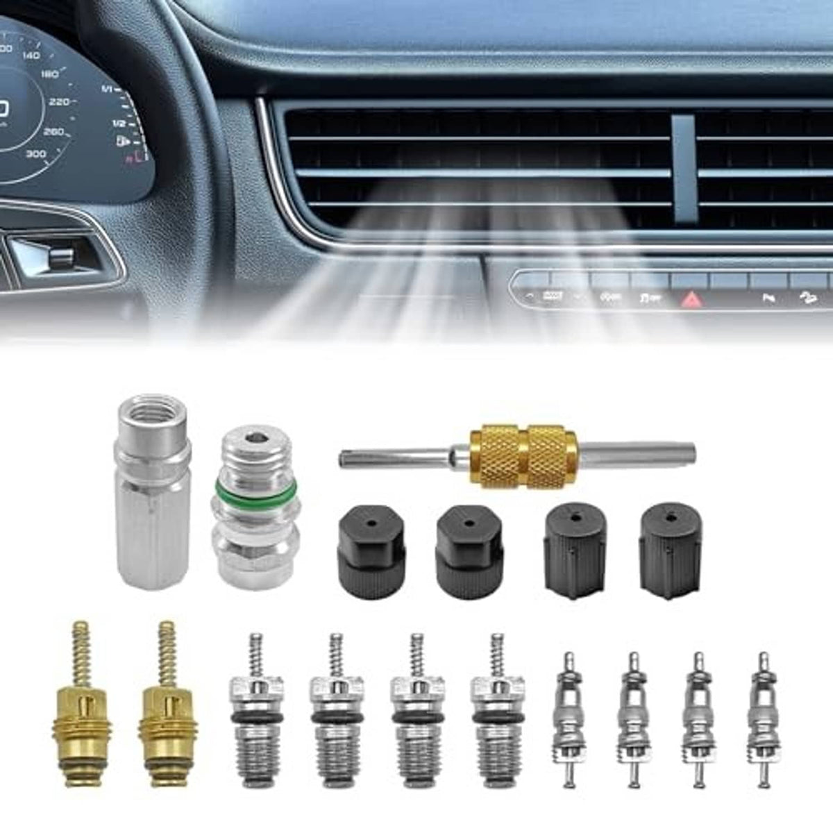 AC refrigeration valve core kit with brass valve tool, mixed adapters, and valve cores