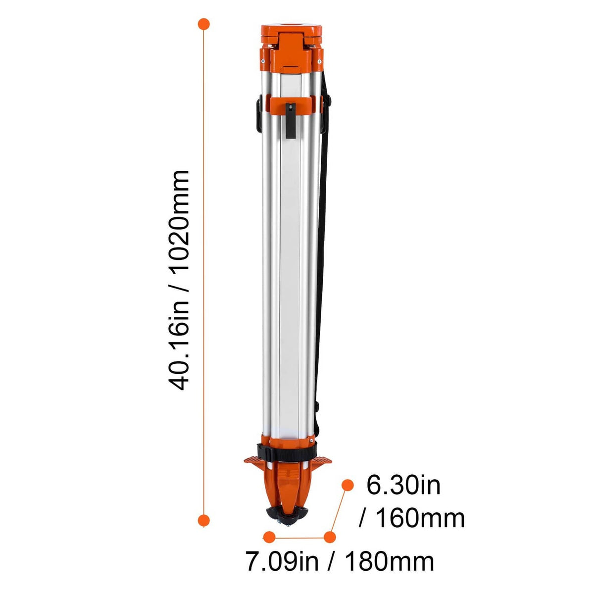 Laser level tripod stand leg with orange spike foot and height measurement markings.
