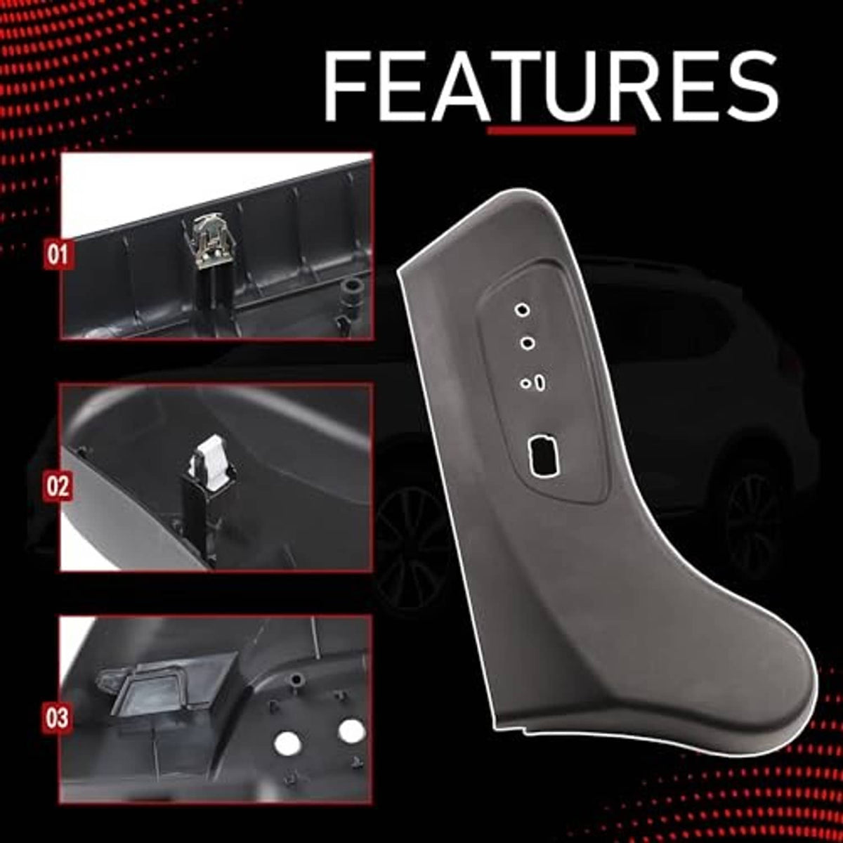 Gray-black seat trim panel with switch recess and three round holes