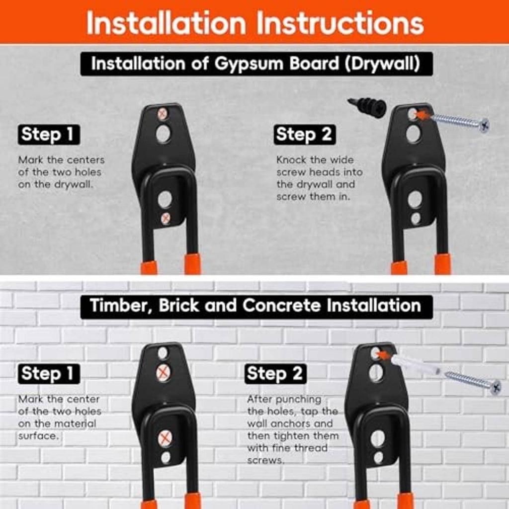 Wall-mount installation guide for black-and-orange storage hooks with included screws