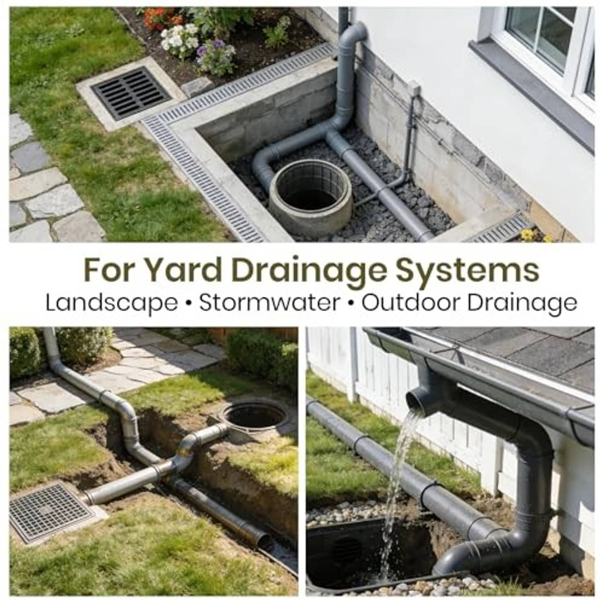 PVC drain pipe cap installed in outdoor yard drainage piping system