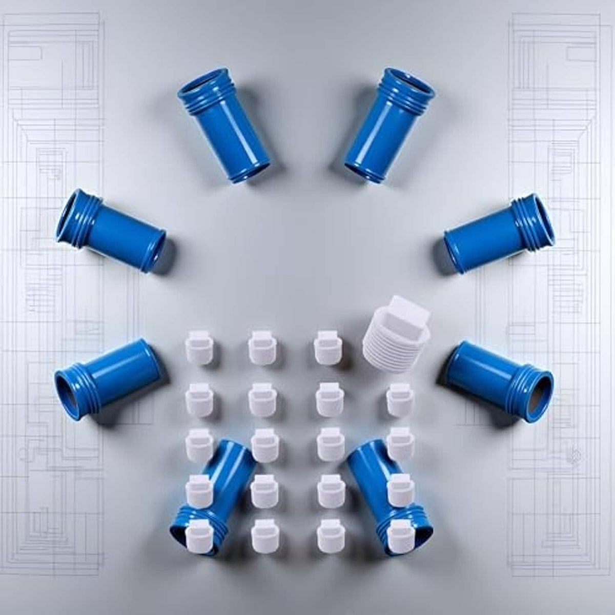 White PVC male threaded pipe end caps, 1/2 inch, caps laid out in a circle