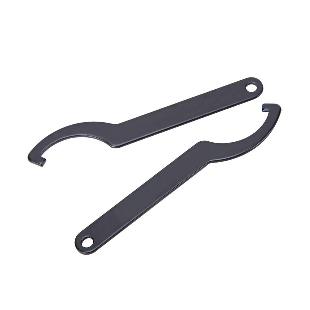 Universal shock spanner wrenches, dark metal, two-piece set with curved wrench ends