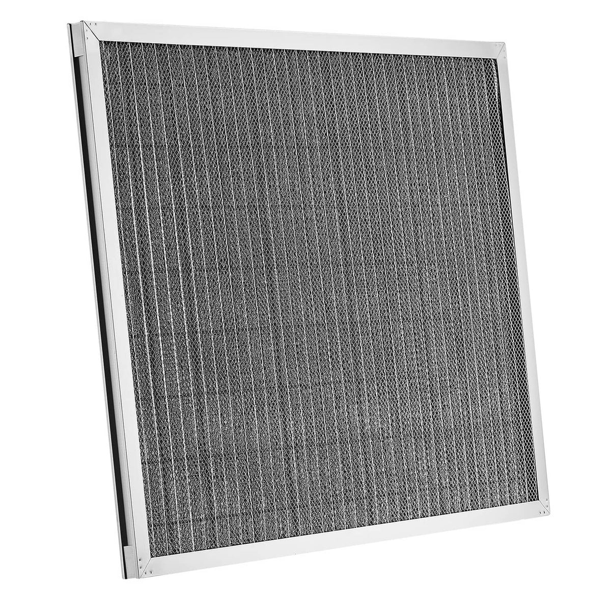 Rectangular electrostatic air filter with dense gray mesh in silver frame