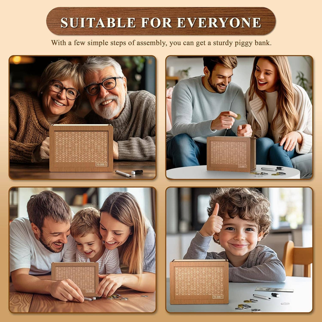 Wooden savings box with front mesh window and open top coin slot
