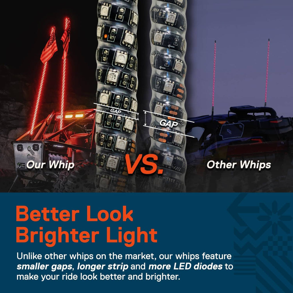 Two spiral LED whip lights with red glow and black segmented housings