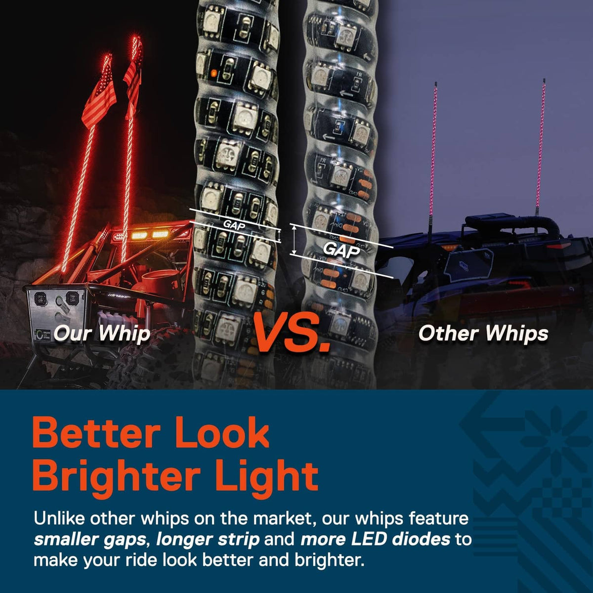 Two spiral LED whip lights with red glow and black segmented housings