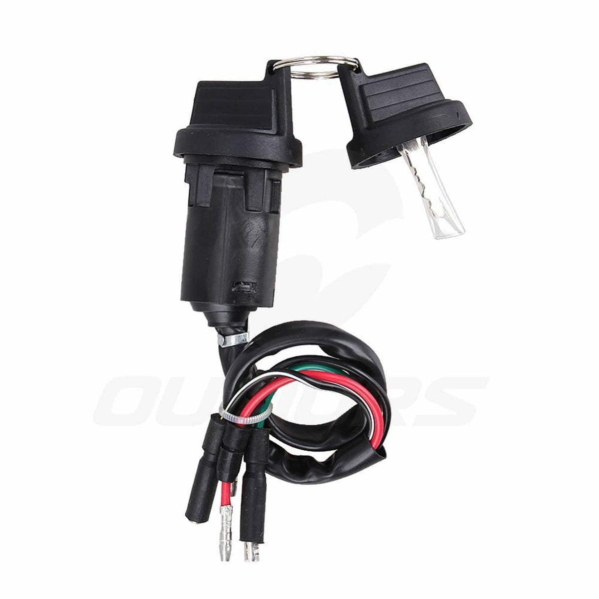 Ignition key switch with black housing, two metal keys, and bundled red/green/black wires.