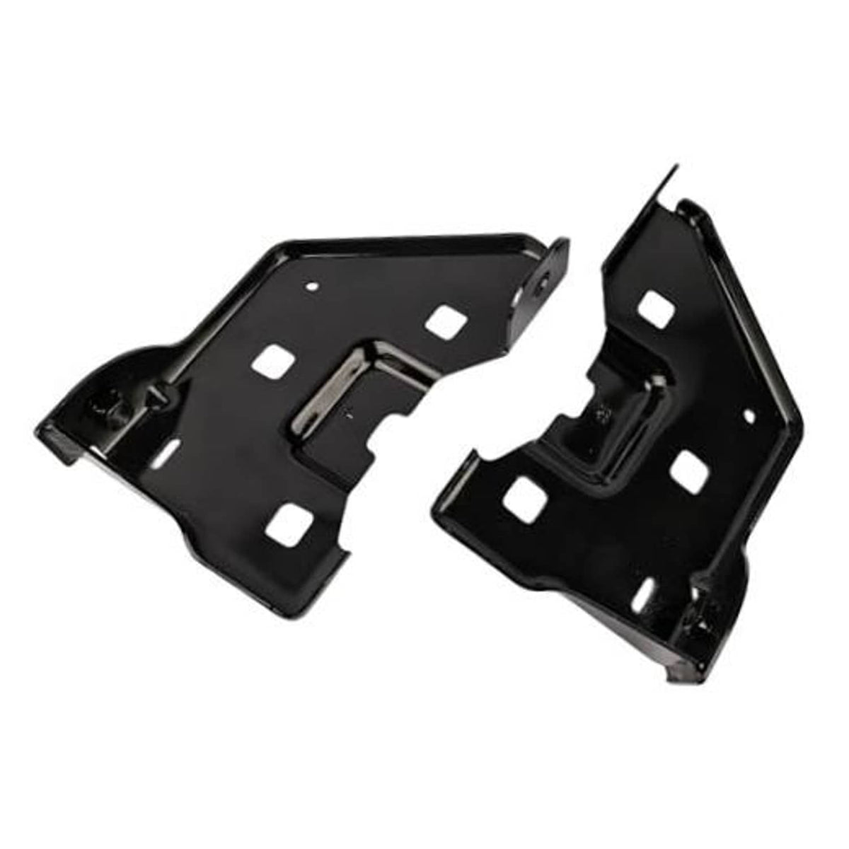 Pair of front bumper brackets in black metal with mounting holes and curved cutouts.