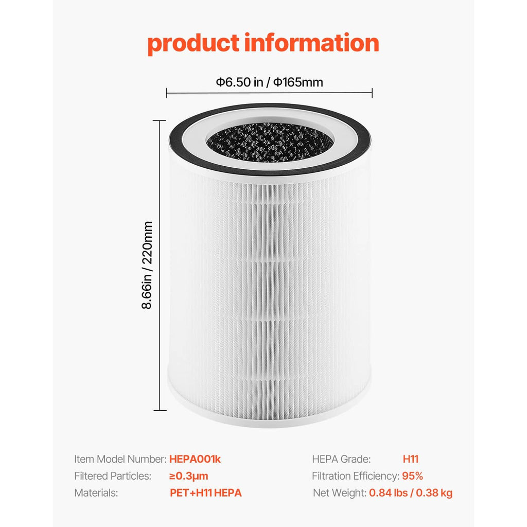 White cylindrical replacement air filter with black-ringed top opening and vertical pleated sides