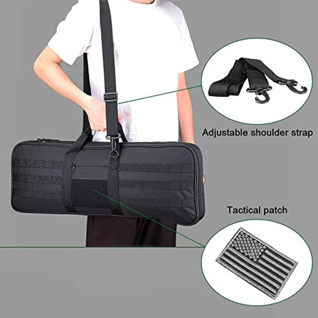 Black soft bow case with adjustable shoulder strap and tactical patch front