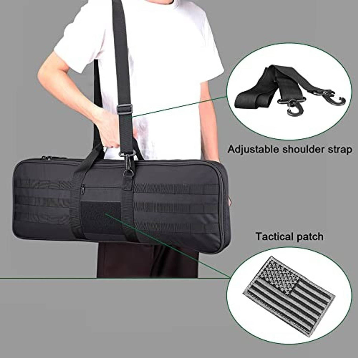 Black soft bow case with adjustable shoulder strap and tactical patch front