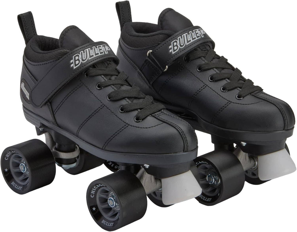 Bullet black quad roller skates with blue wheels and lace-up ankle support