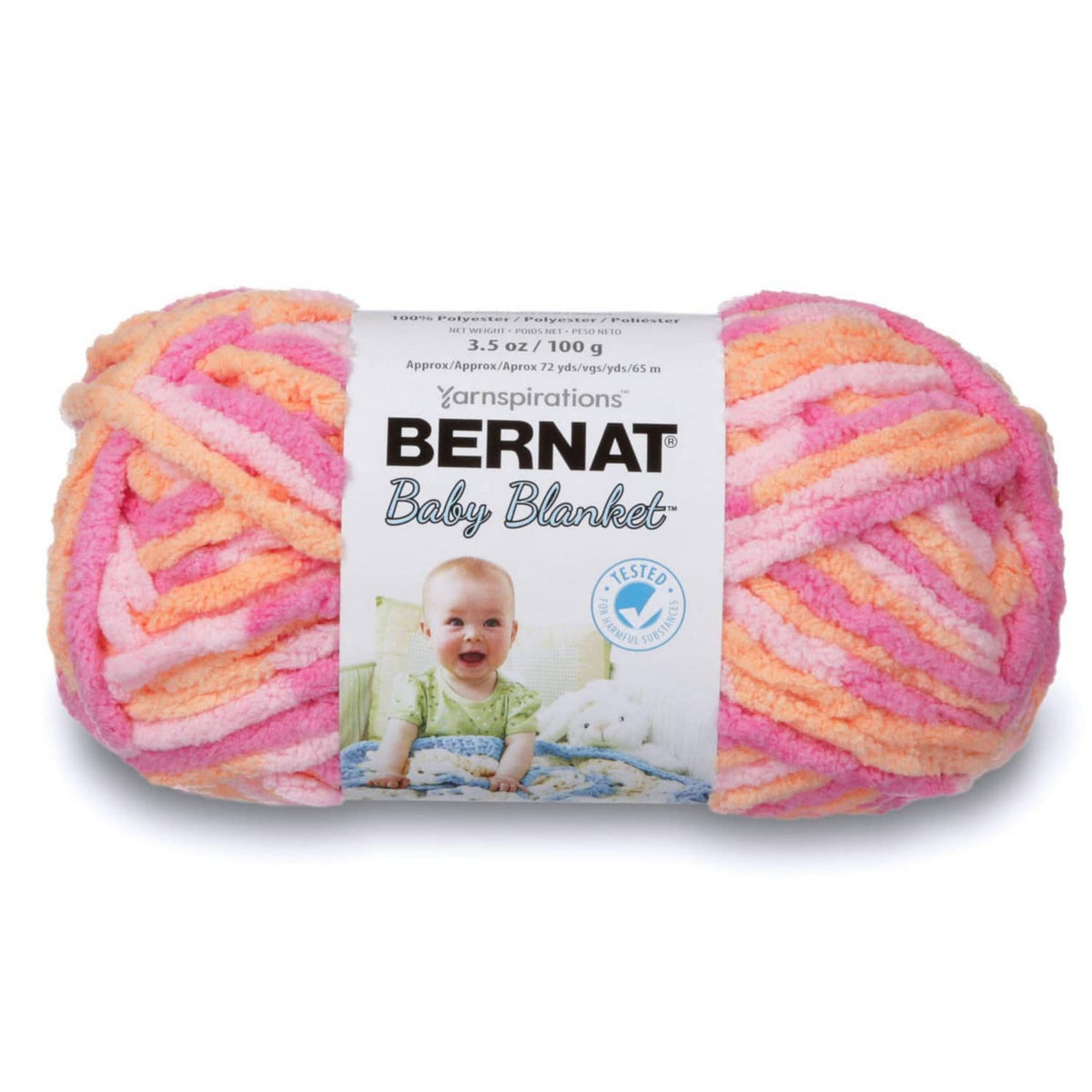 Chenille baby blanket yarn skein in peach, pink, and white stripes