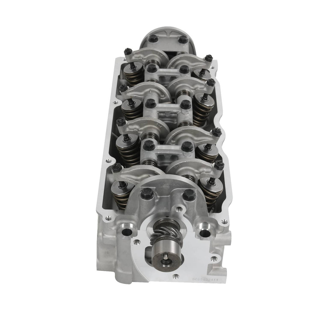 Cylinder head assembly top view with valve springs, rocker arms, and cam housing