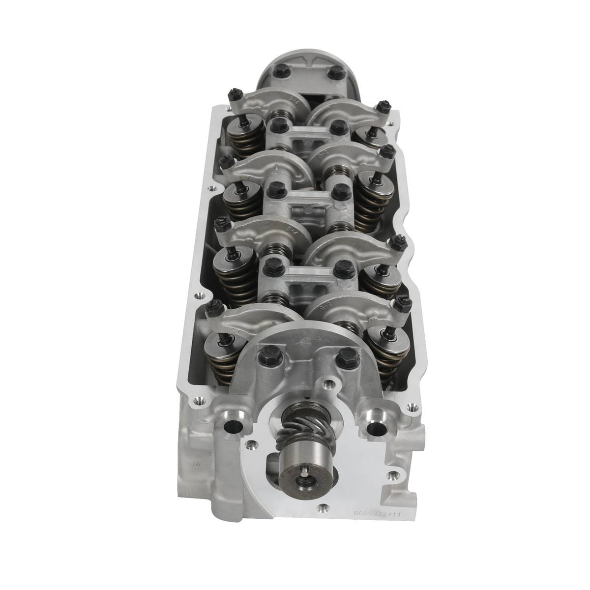 Cylinder head assembly top view with valve springs, rocker arms, and cam housing