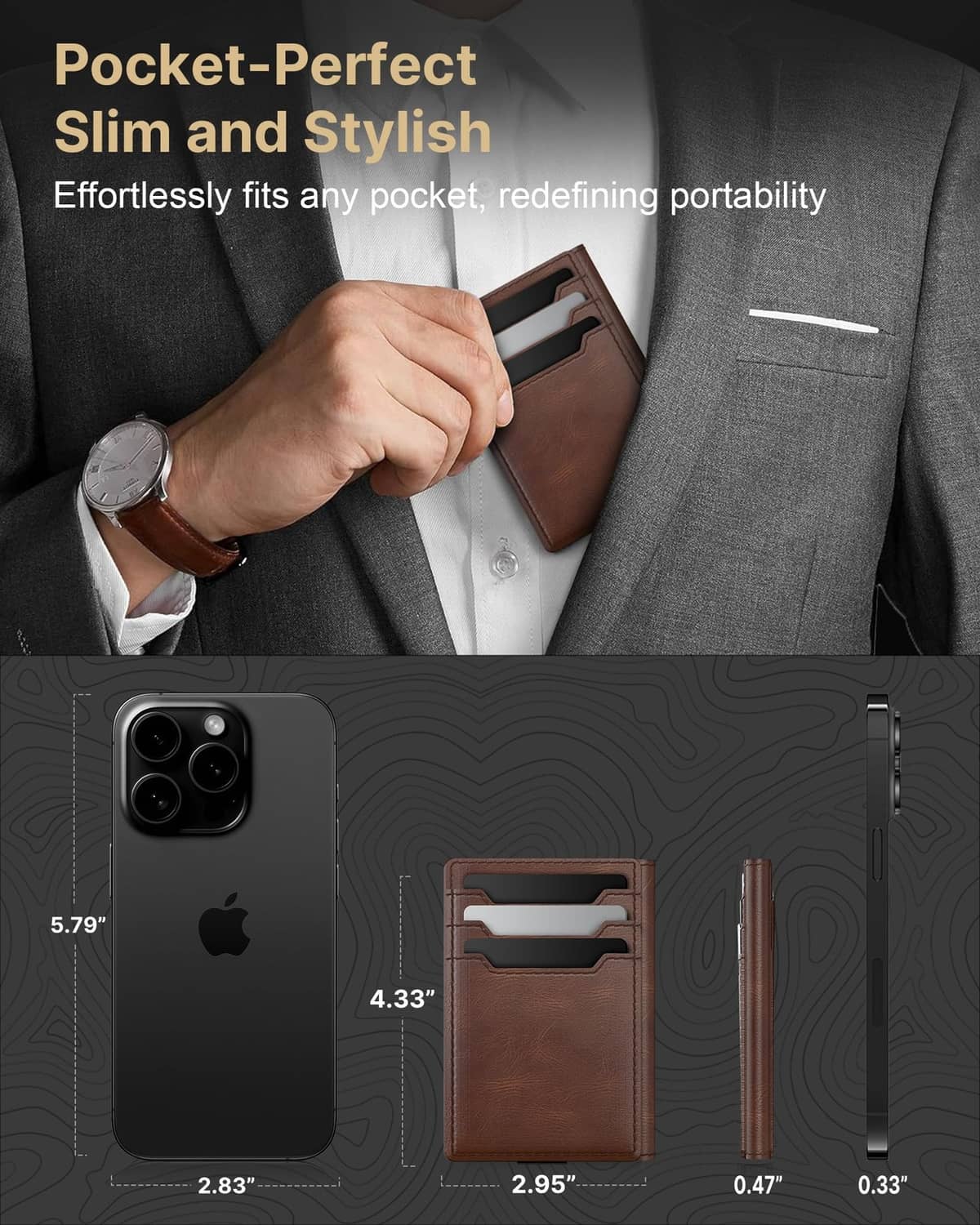 Slim brown leather card wallet tucked in a jacket pocket with inner card slots shown.