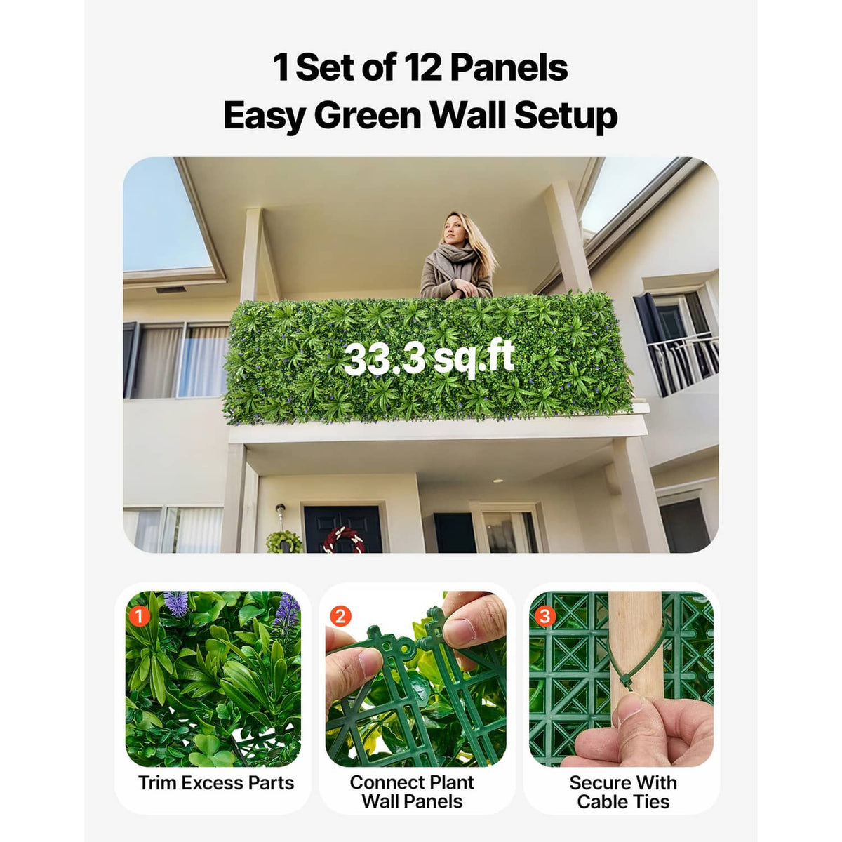 Set of artificial green wall panels showing textured leaves and simple cable-tie setup.