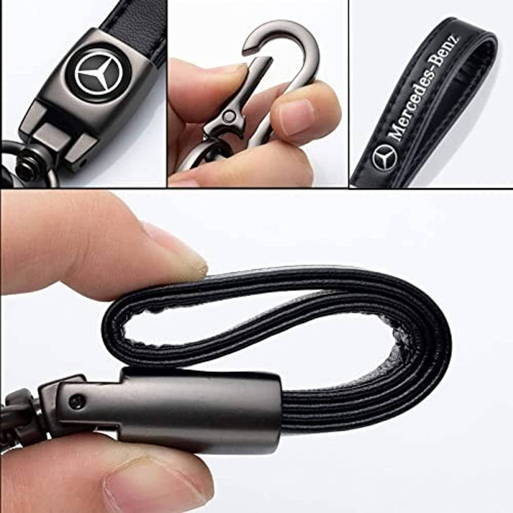 Black Mercedes keychain strap with metal ring and four black tire valve caps