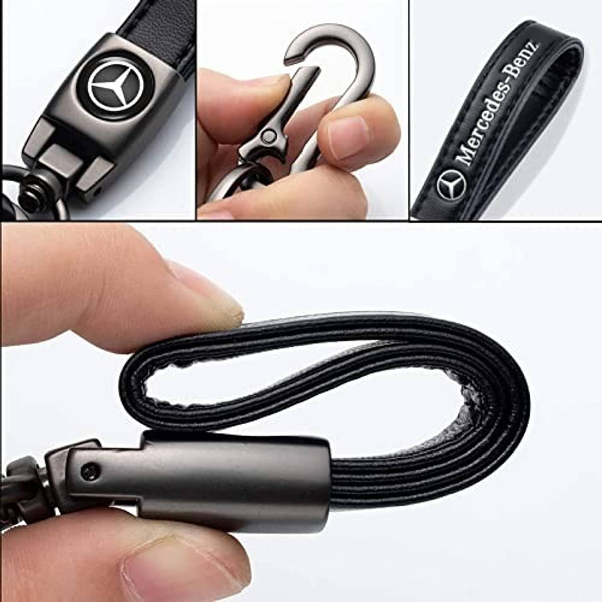 Black Mercedes keychain strap with metal ring and four black tire valve caps