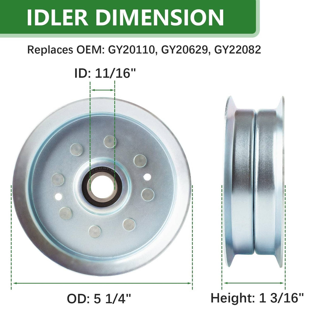 Lawn mower idler pulley with silver housing and center bearing hub