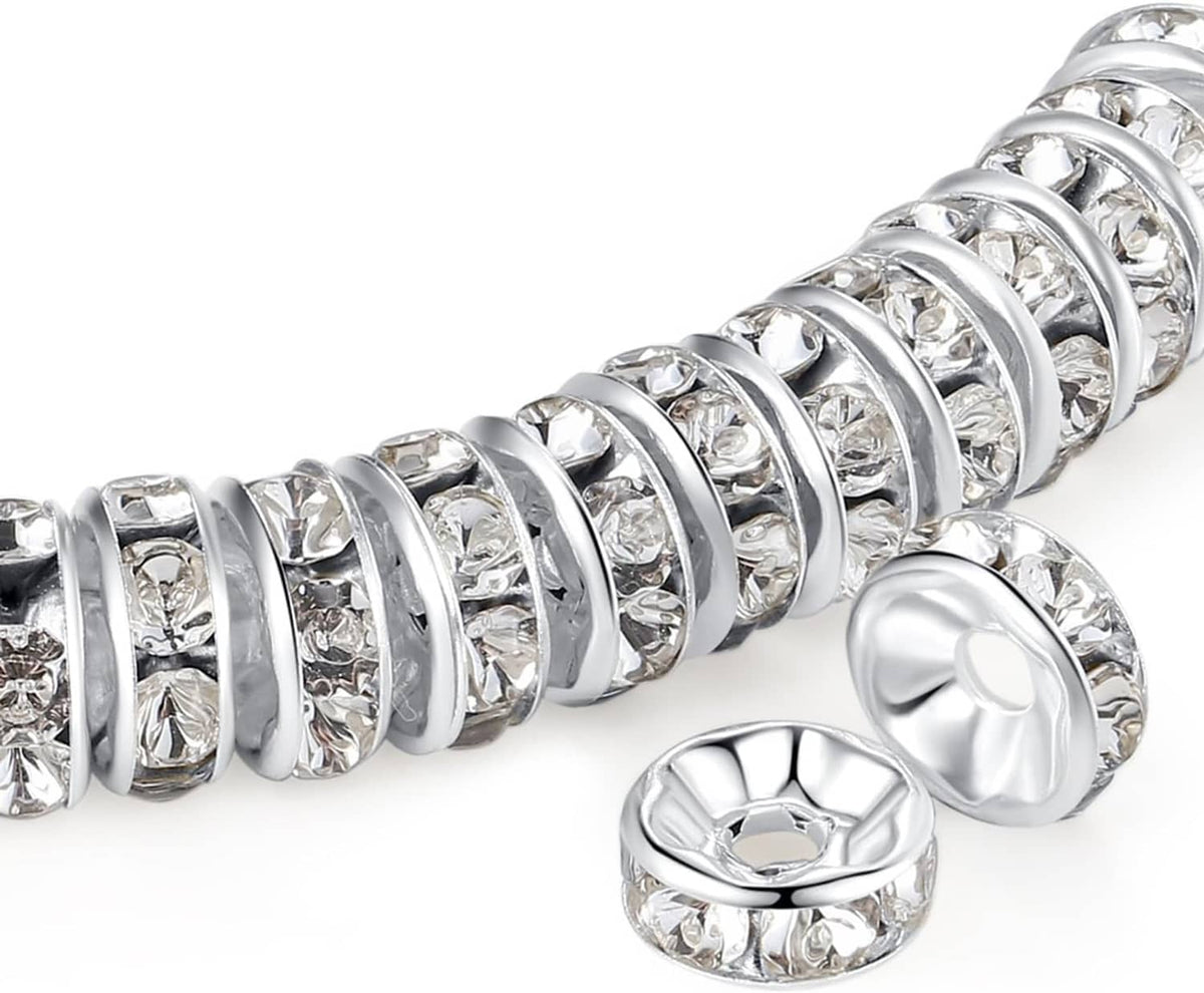 Silver rhinestone rondelle spacer beads with faceted crystal centers, 8mm