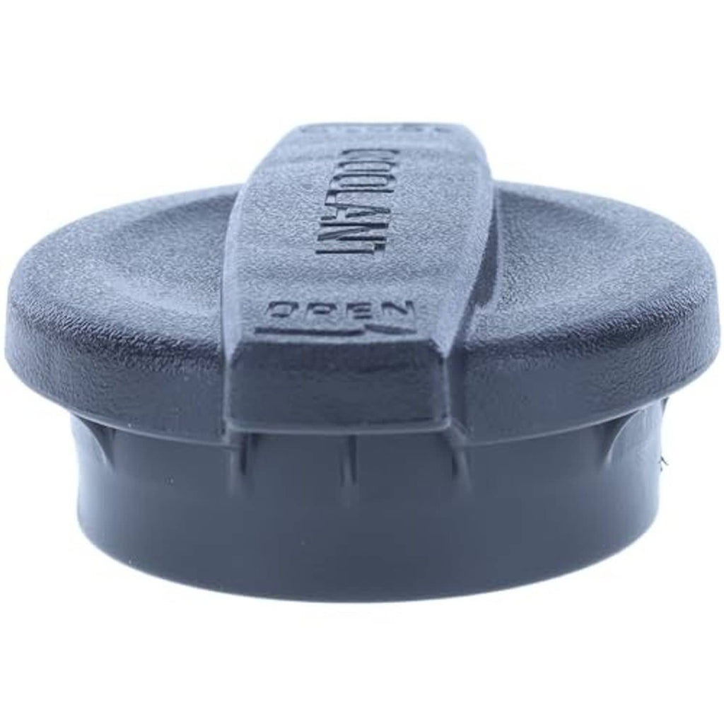 Engine coolant reservoir cap, dark blue, end view with raised square grip and embossed arrows.