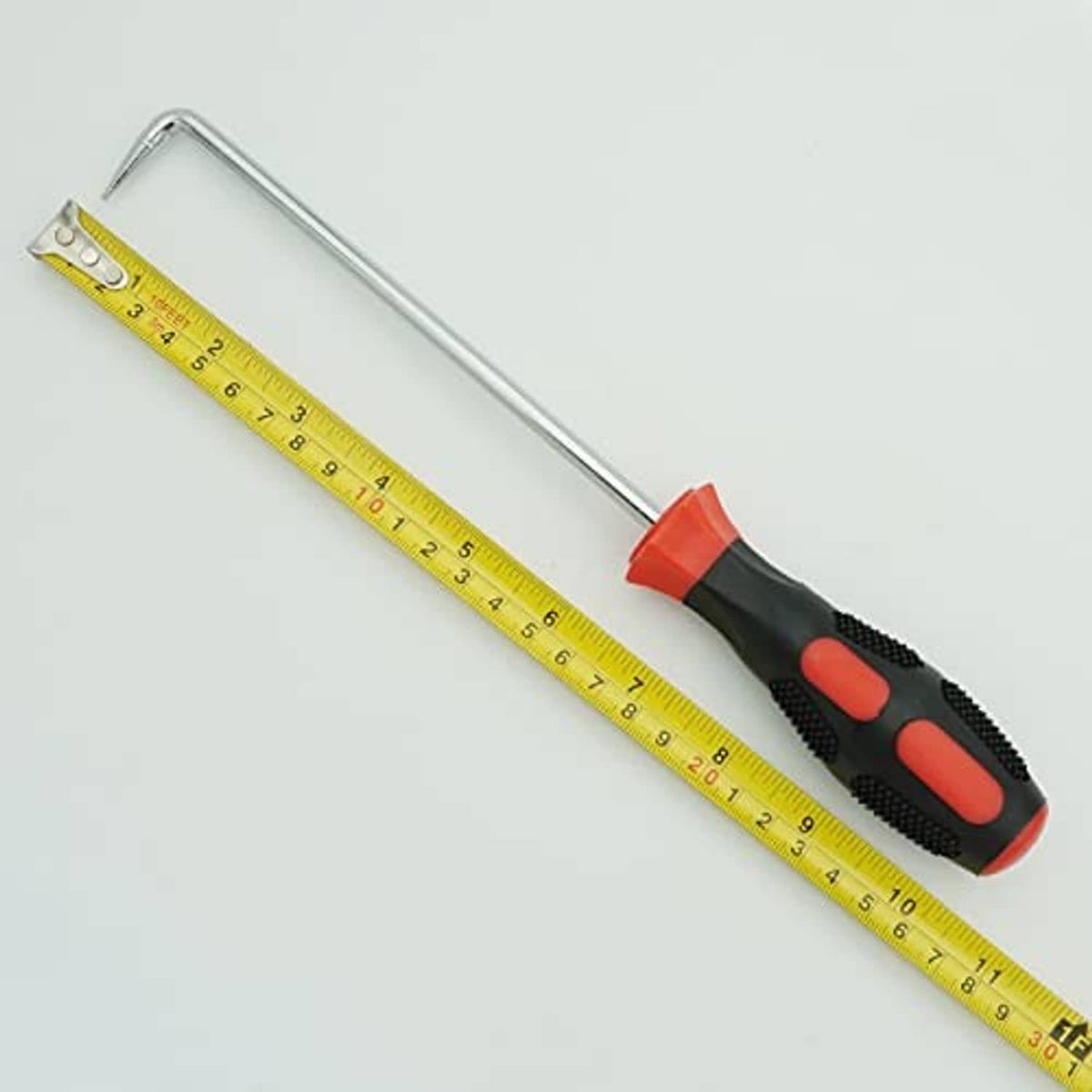 Straight stainless hose removal hook tool with black/red handle; includes measuring tape