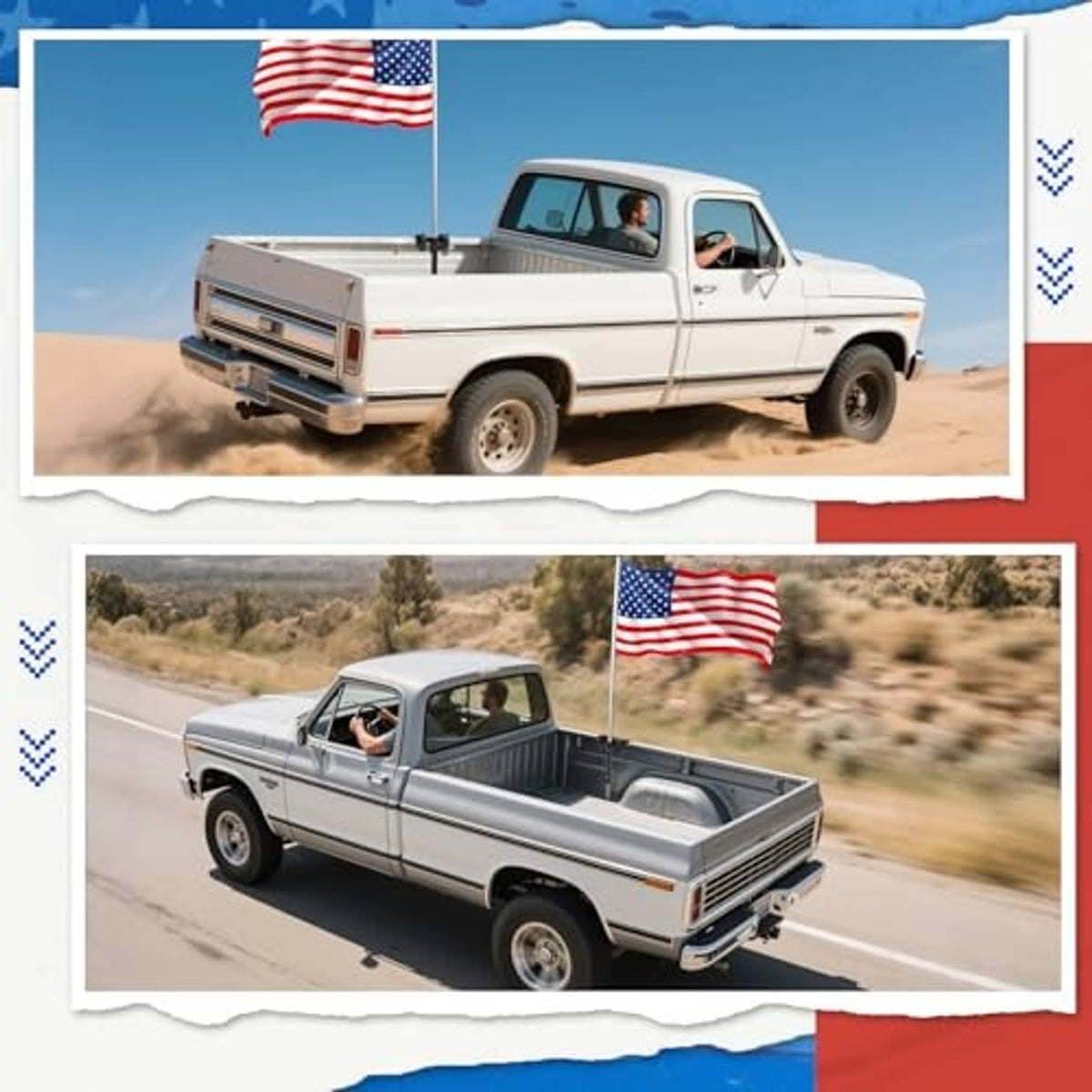 Pickup truck with installed flag pole mount and flag on the truck bed